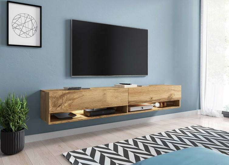 væghængt tv bord i træ farve med led lys
