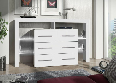 Stor kommode i hvid h&oslash;jglans med skuffer og hylder i glas