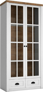 stor vitrine i hvid med træ detaljer i gammel stil