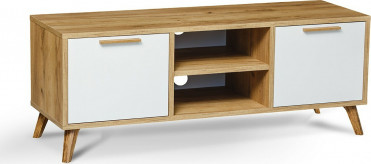 Tv bord i hvid og tr&aelig; farve med ben, l&aring;ger og hylder