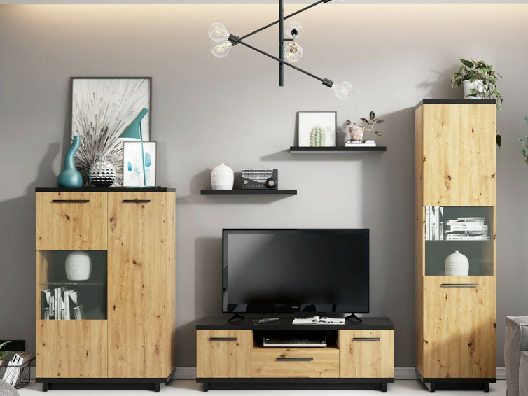 Tv møbler i træ og sort farver med tv bord, kommode og reol med glas
