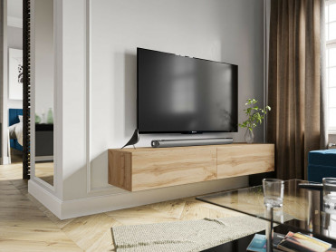 langt væghængt tv bord i træ farve