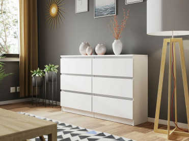 Hvid kommode 120 cm bredt med 6 store skuffer