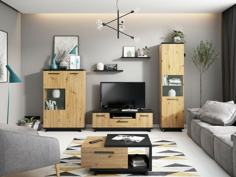 Stuemøbler med tv bord, sofabord og 2 kommoder med glas og led