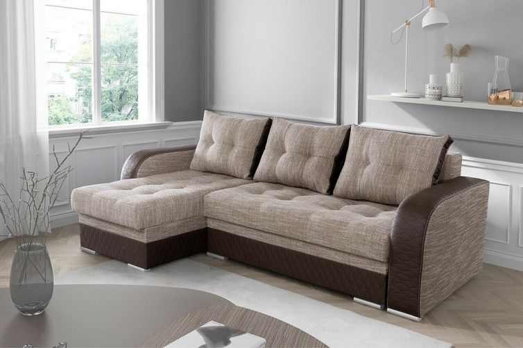 SYDNEY Chaiselong sofa i beige v&aelig;vet stof og quilte PU l&aelig;der i brun farve