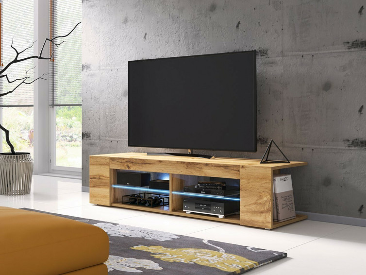 tv bord i træ look med glas og led lys