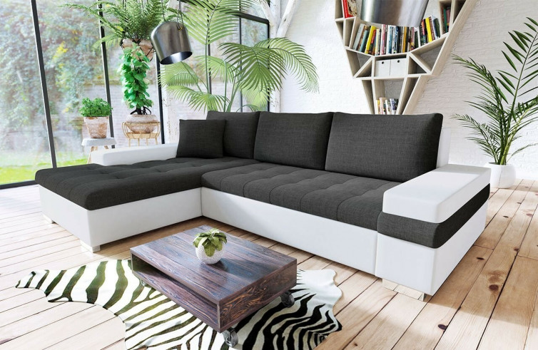 BANGKOK Chaiselong sofa i hvidt PU læder og mørkegrå stof med en lille ekstra pude