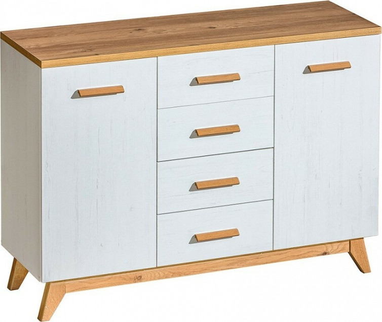 Hvid kommode 130 cm bredt med detaljer i træ