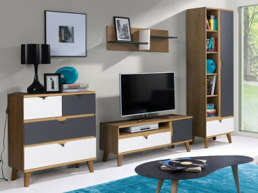 tv bord, kommode og reol i s&aelig;t i hvid, gr&aring; og tr&aelig; farver