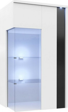 Væghængte vitrine i hvid højglans med sorte detaljer og led lys