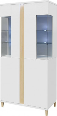 Stor vitrine i hvid højglans med træ detaljer og led lys