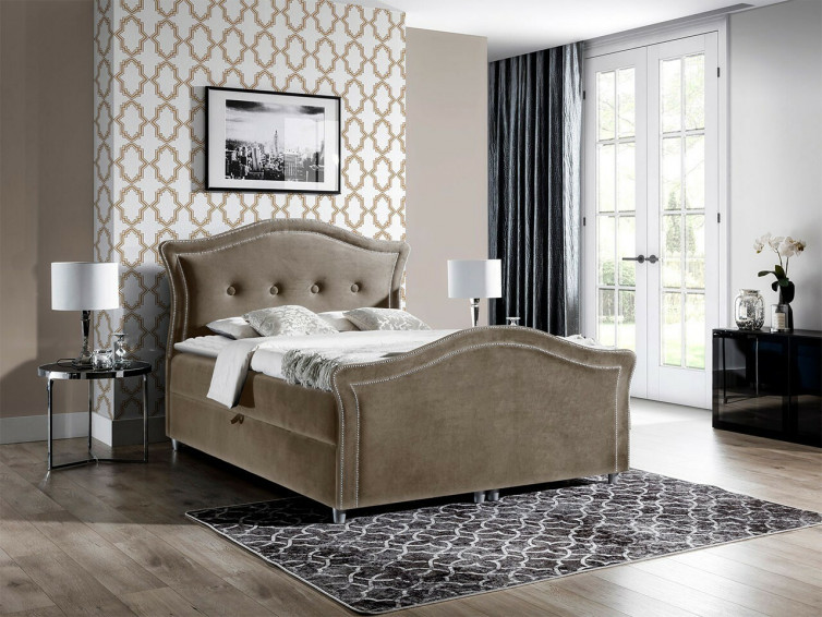 BEDRAN II Dobbeltseng i beige velour med quiltet sengegavl
