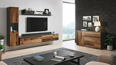 M&oslash;bler til stuen med tv bord i tr&aelig; og sort farver