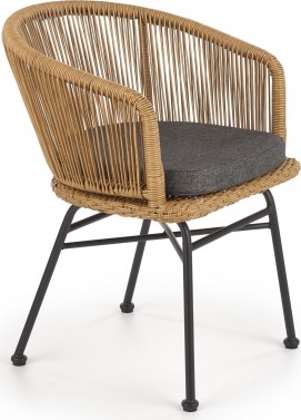 ANNE Spisebordsstol med armlæn i rattan med ben i sort pulverlakeret stål og grå pude