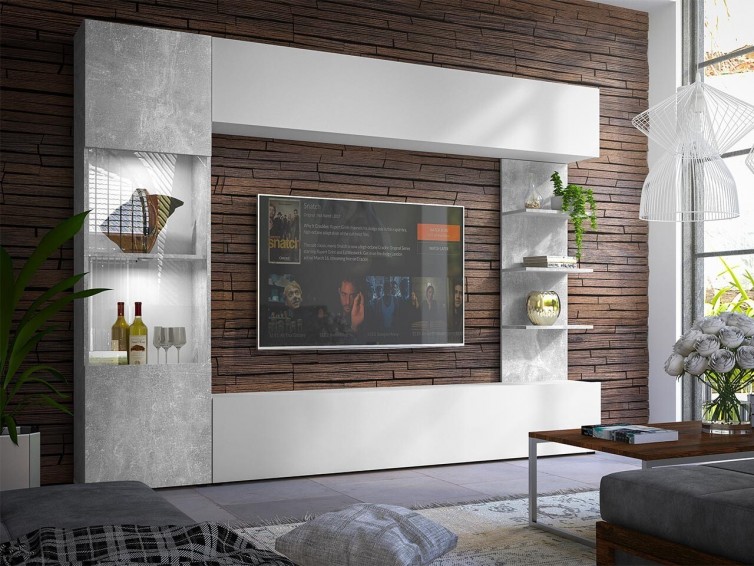 LAZANDO TV Møbler i hvid og lys beton farve med LED belysning
