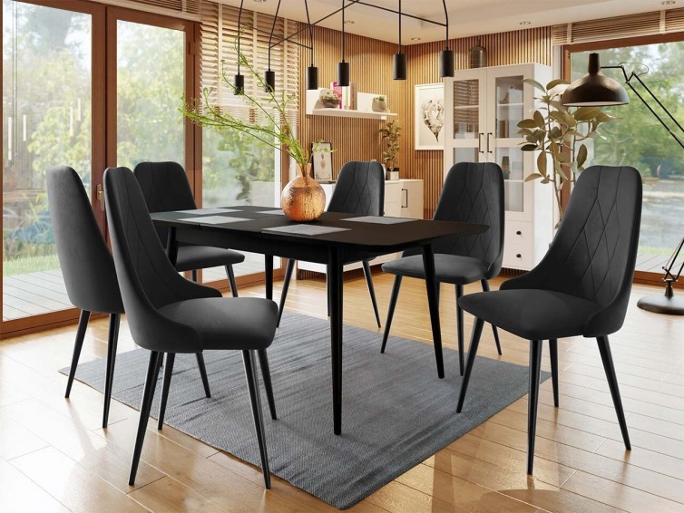 INA III sort spisebord med 6 stole i sort velour