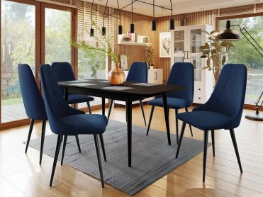 INA III sort spisebord med 6 stole i m&oslash;rkebl&aring; velour