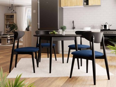 INA spisebord i sort med 4 stole i m&oslash;rkebl&aring; velour