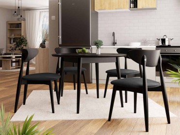 INA spisebord i sort med 4 stole i mørkegrå velour INA spisebord i sort med 4 stole i mørkegrå velour