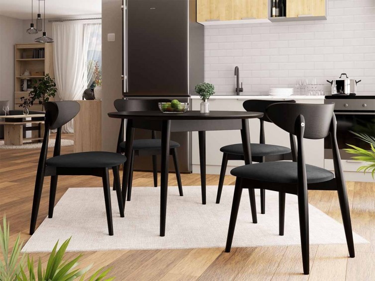 INA spisebord i sort med 4 stole i mørkegrå velour