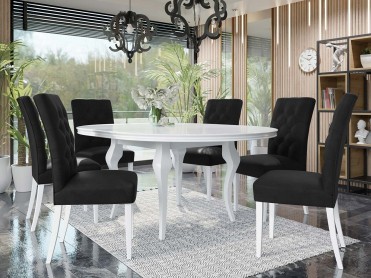 LARA V hvidt spisebord med 6 stole i sort velour LARA V hvidt spisebord med 6 stole i sort velour
