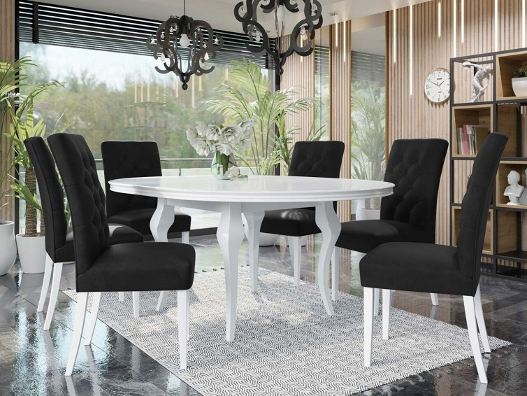 LARA V hvidt spisebord med 6 stole i sort velour