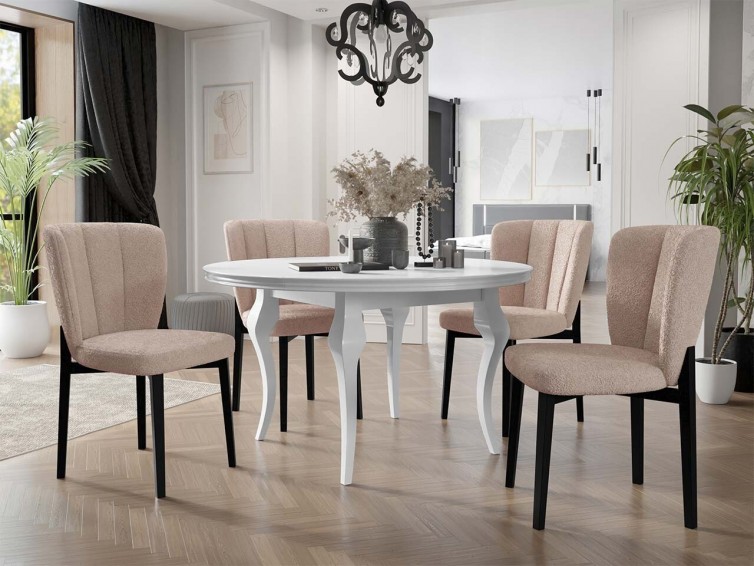 LARA IV hvidt spisebord med 4 stole i beige med sorte ben
