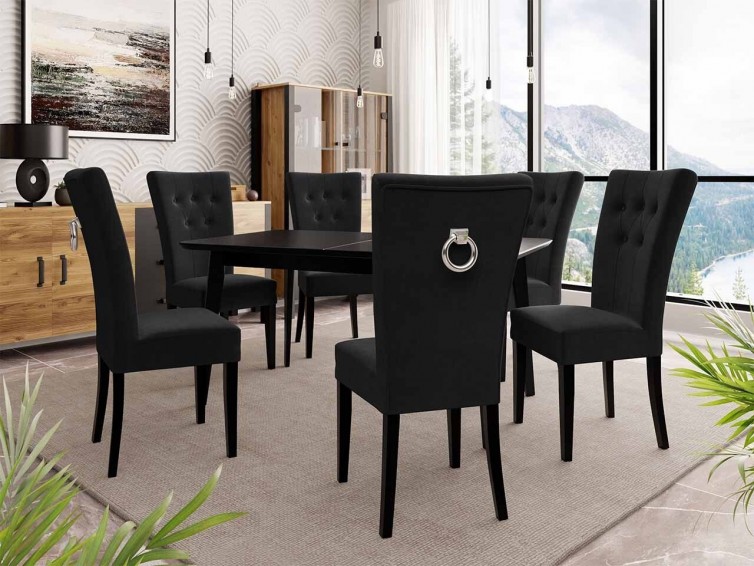 SKALD spisebord i sort med 6 stole i sort velour med sorte ben og kromfarvede detaljer