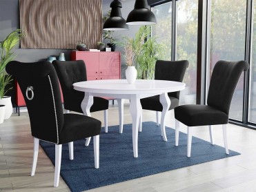 LARA II hvidt spisebord med 4 stole i sort velour med hvide ben og kromfarvede detaljer LARA II hvidt spisebord med 4 stole i sort velour med hvide ben og kromfarvede detaljer
