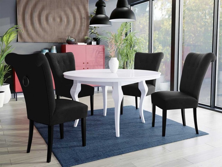 LARA hvidt spisebord med 4 stole i sort velour, sorte ben og sorte detaljer
