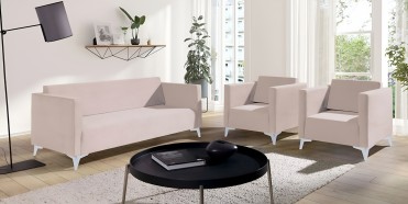SAFIR II Sofas&aelig;t med 2 l&aelig;nestole i beige ecru farve og ben i hvid h&oslash;jglans