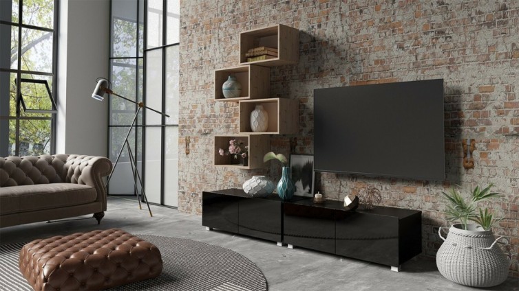 CALABRINI V&aelig;gh&aelig;ngt TV M&oslash;bel S&aelig;t (6 dele) - Sort / Sort Glans + Artisan Eg - Outlet - Udstillingsmodel